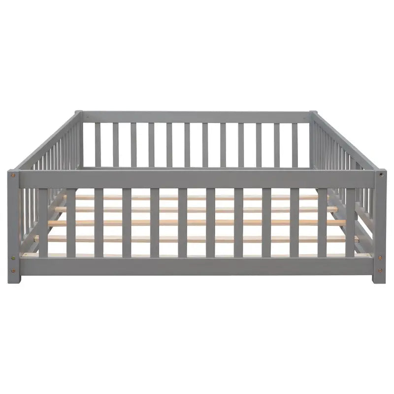 Uhomepro Full Size Wood Floor Bed Frame With Fence And Door - Gray/White/Natural/Espresso