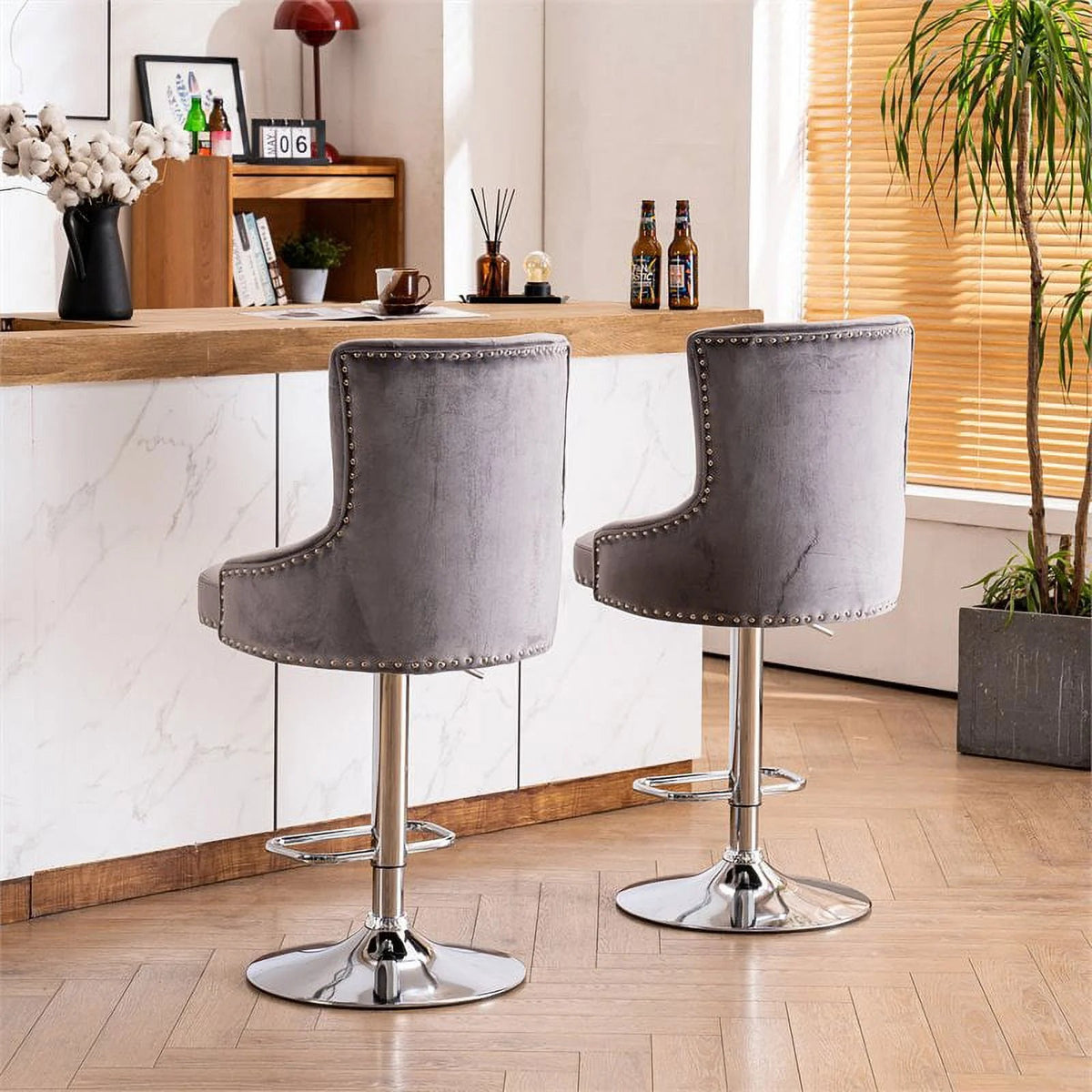 Alexent 2-Piece Swivel Bar Stools, Dark Blue, 43.7-51.6 H, 19.3 W x 18.1 D - Silver Footrest