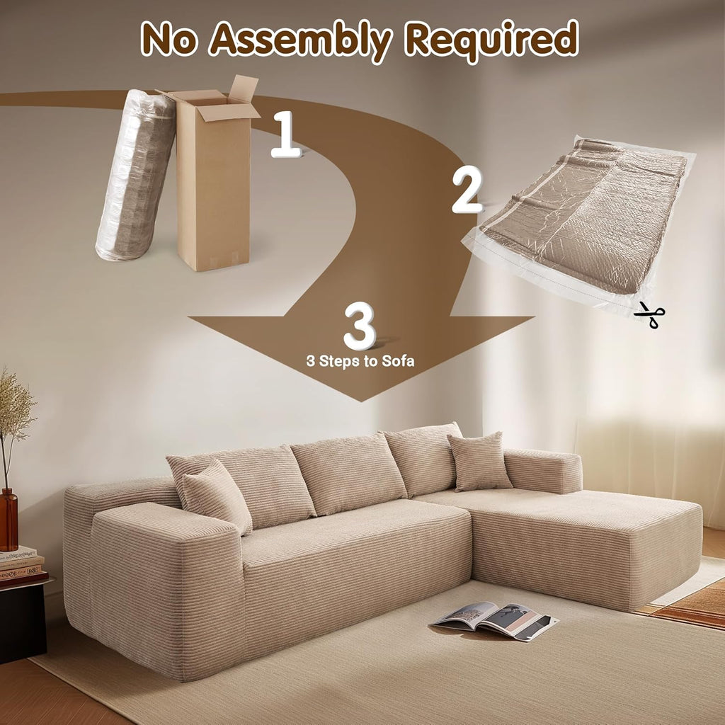 ovios 104in L-Shape Sectional Sofa With Chaise, Grey Plush Corduroy Fabric