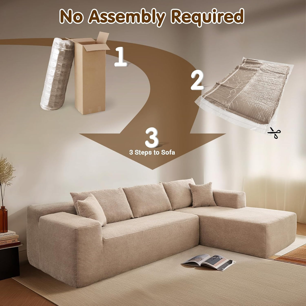 ovios 104in L-Shape Sectional Sofa With Chaise, Grey Plush Corduroy Fabric