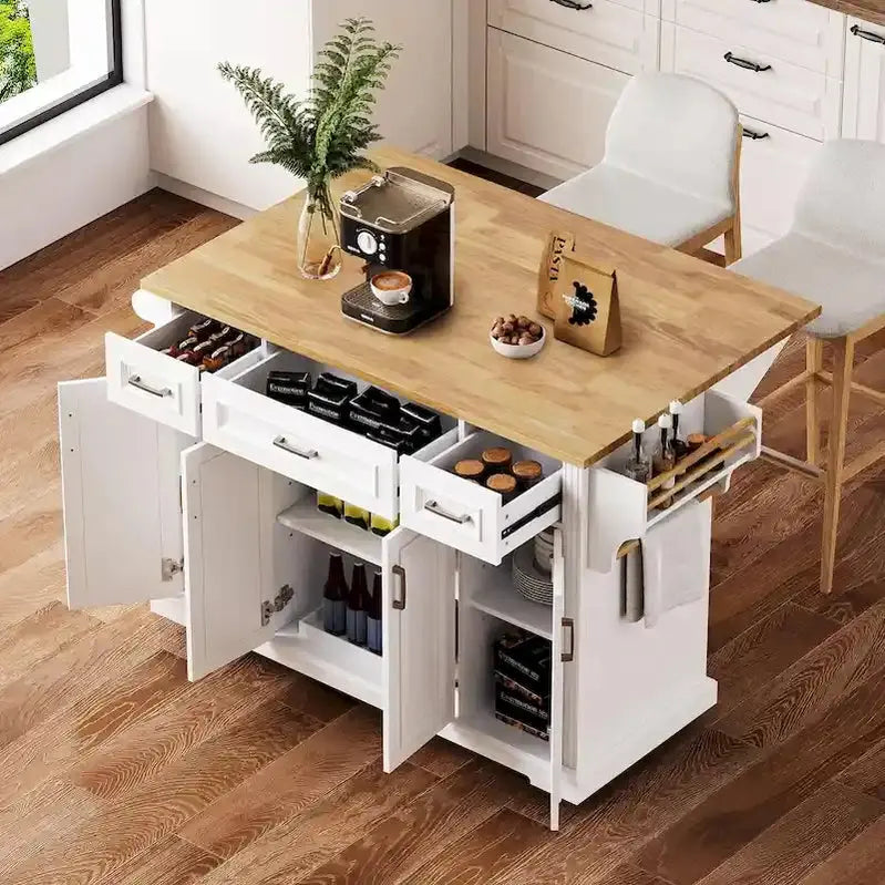 Rubberwood Kitchen Island Cart, 54-inch Drop-Leaf, 4 Doors, 3 Drawers - Embossed Finish