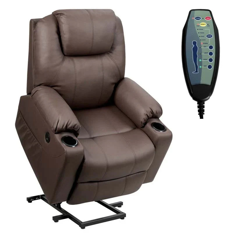 Electric Power Lift Recliner Chair With Leather Massage, Lumbar Heating, 8 Vibrating Nodes, Cup Holders And USB Port