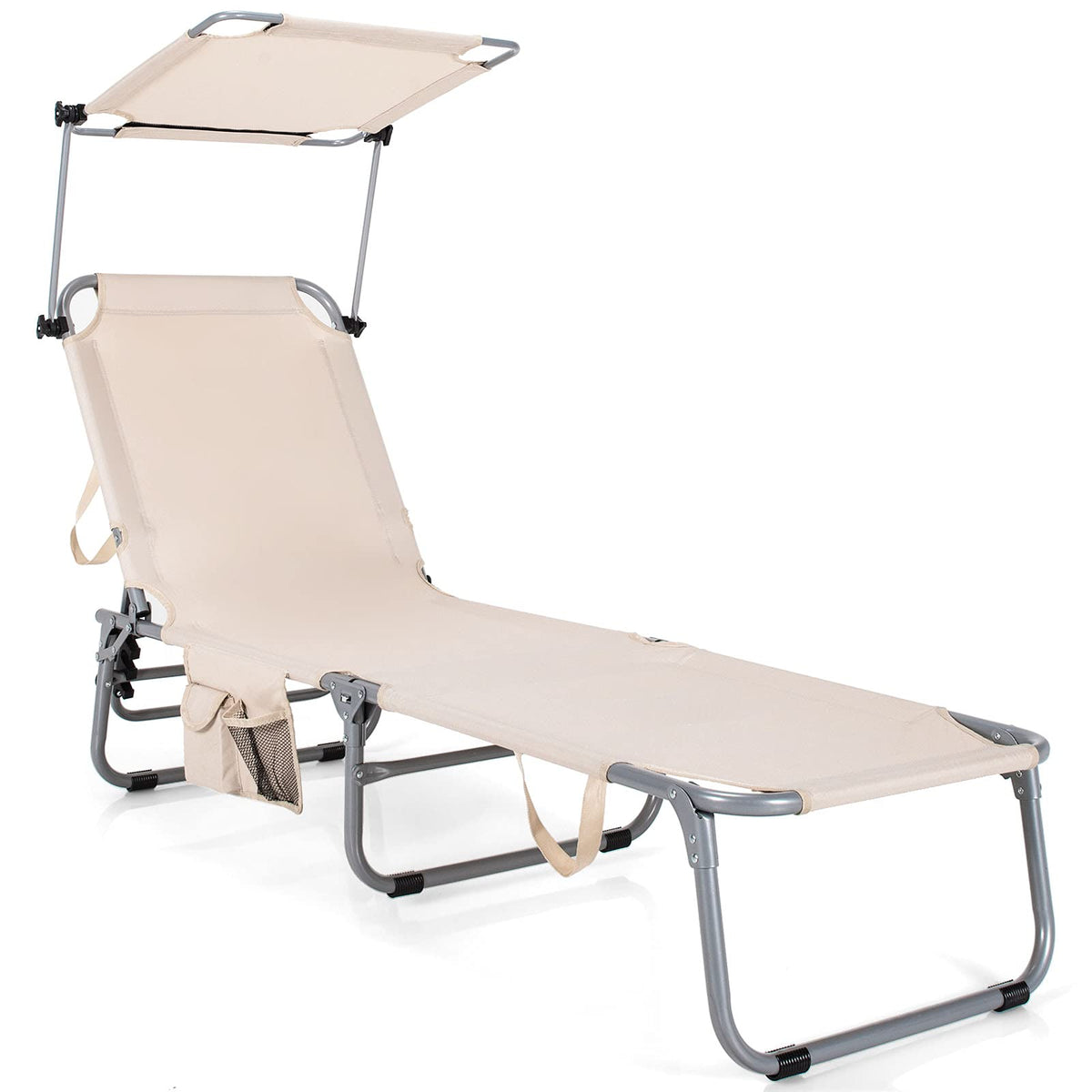 Folding Lounge Chair with Canopy, Storage Pocket, and 5 Adjustable Positions