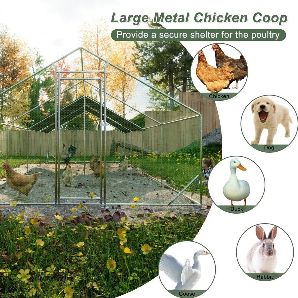 Large Metal Walk-In Chicken Coop With Galvanized Wire And Cover - 10' L x 26' W x 6.56' H
