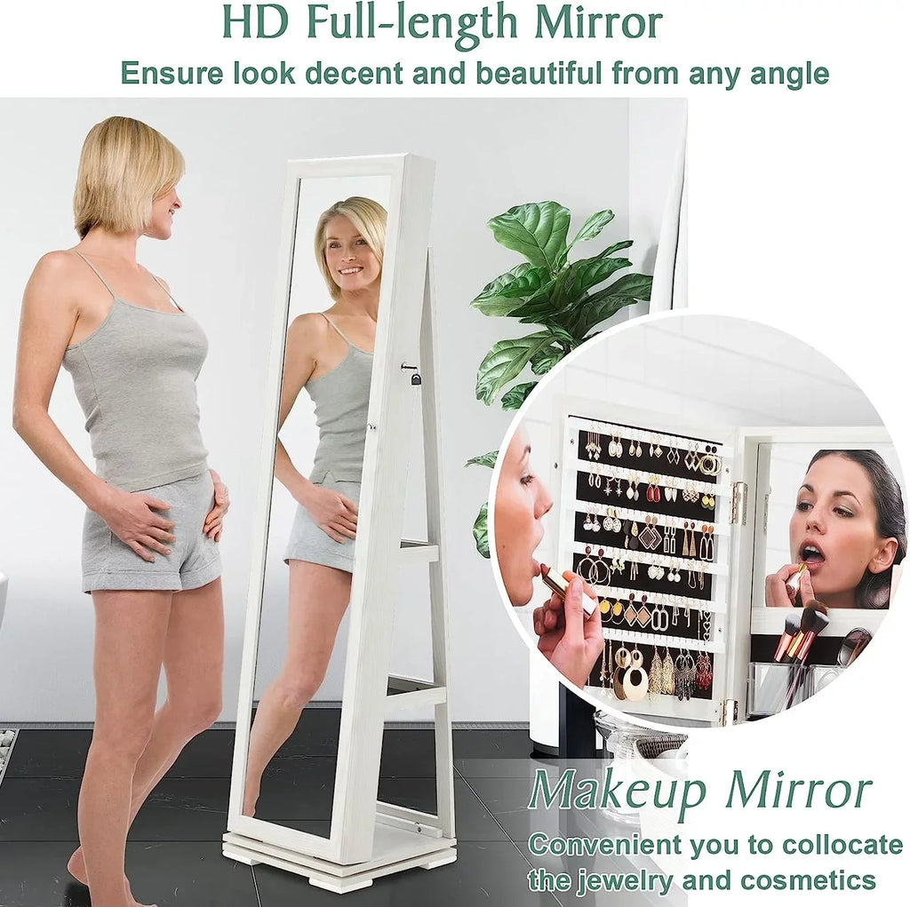 Dextrus 360 Degree Swivel Lockable Jewelry Cabinet With Full-Length Mirror And Rear Storage Shelves - White