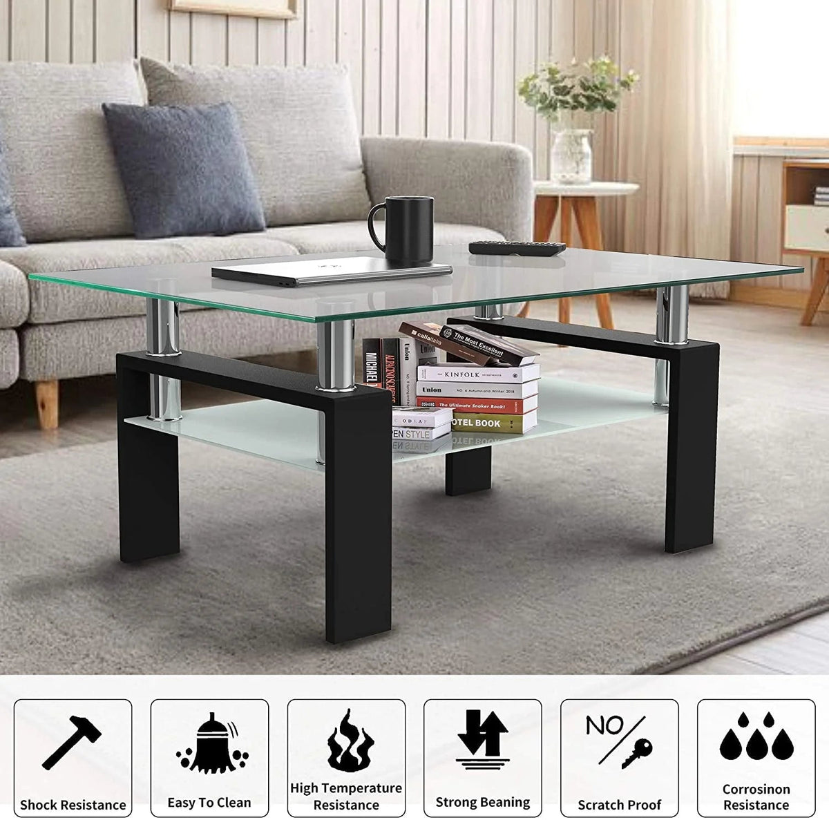 SEGMART Glass Coffee Table With Lower Shelf, 39.4 x 24 x 17.7 in - L5509