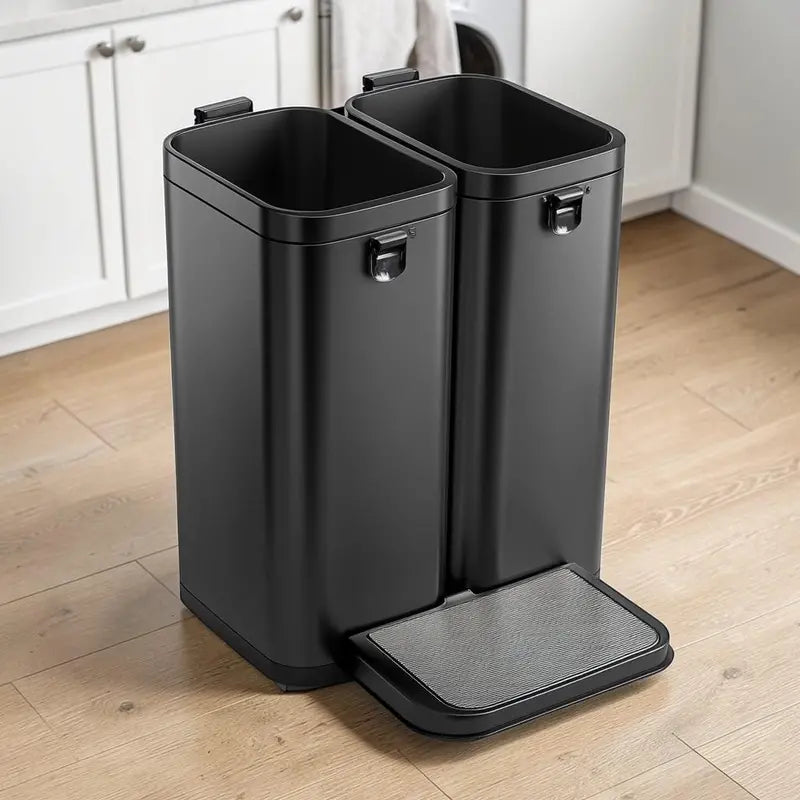 Hikmfg Dual-Section Recycling Bin, 60-Liter, Satin Black Stainless Steel