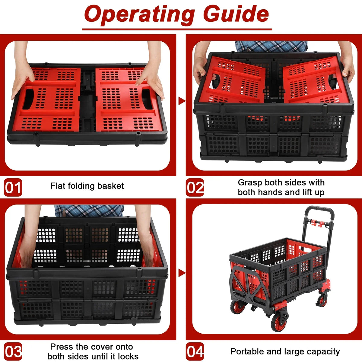 LAZY BUDDY 2-in-1 Folding Hand Truck Dolly With 22 Inch Folding Basket, Red, 330 LBS