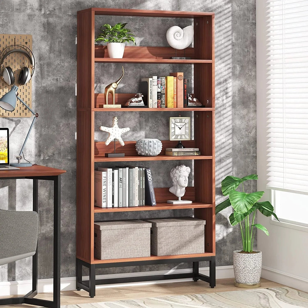 5-Tier Bookcase 31.5 Inch Wide x 11.81 Inch Deep x 70.87 Inch Tall - Sandalwood, Walnut, White, Black