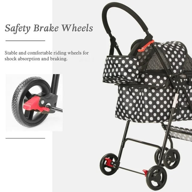 Foldable Pet Travel Stroller For Cats & Dogs, Waterproof, 4 Wheels, Black