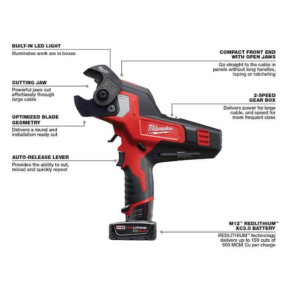 Milwaukee M12 12V Lithium-Ion Cordless 600 MCM Cable Cutter Kit With One 3.0Ah Battery, Charger And Hard Case