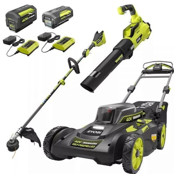 RYOBI 40V Brushless 20 in Self-Propelled Mower, String Trimmer & Leaf Blower Kit With 2 Batteries, 2 Chargers - RY401120-Y RY40270 RY40407BTLVNM