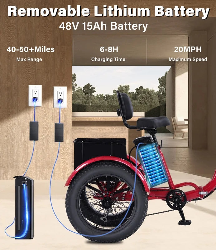 YEBEI Folding Electric Tricycle for Adults, 500W Motor, 48V15AH Lithium Battery, 20 x 4.0 in Fat Tires