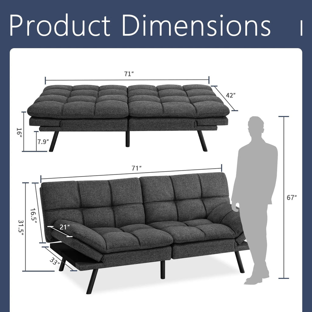 Memory Foam Futon Sofa Bed With Adjustable Armrests And Backrest - Gray