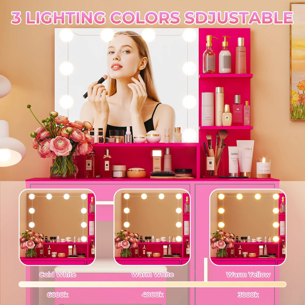 Ktaxon Vanity Makeup Table With Stool, 3-Color Lighted Mirror, 3 Shelves, Drawers, White - 35.43 x 15.55 x 29.53-53.27 in