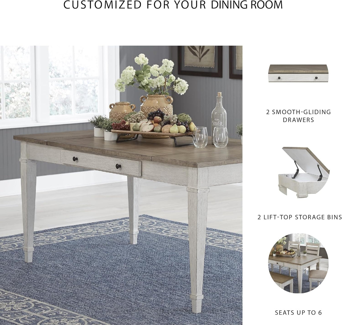 Signature Design by Ashley Rectangular Dining Table With Storage, White & Light Brown, 36in W x 66in D x 30.25in H - Skempton