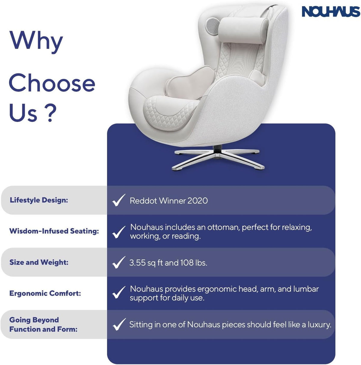 Nouhaus Classic Massage Chair With Ottoman, Bluetooth Speakers - N-0003