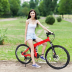iRerts 26 Inch Folding Adult Mountain Bike, 21 Speed, Dual Disc Brakes, Red/Black