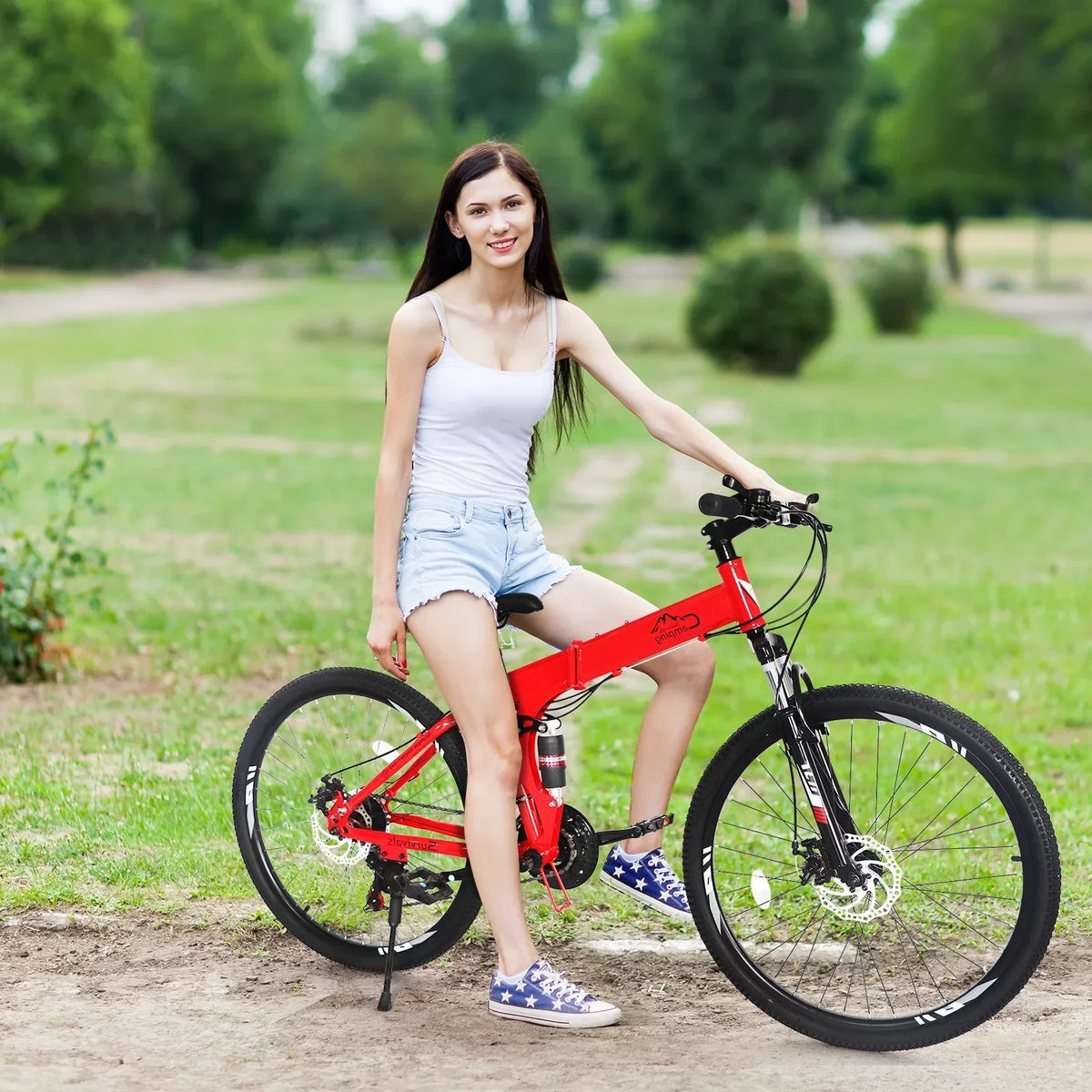 iRerts 26 Inch Folding Adult Mountain Bike, 21 Speed, Dual Disc Brakes, Red/Black