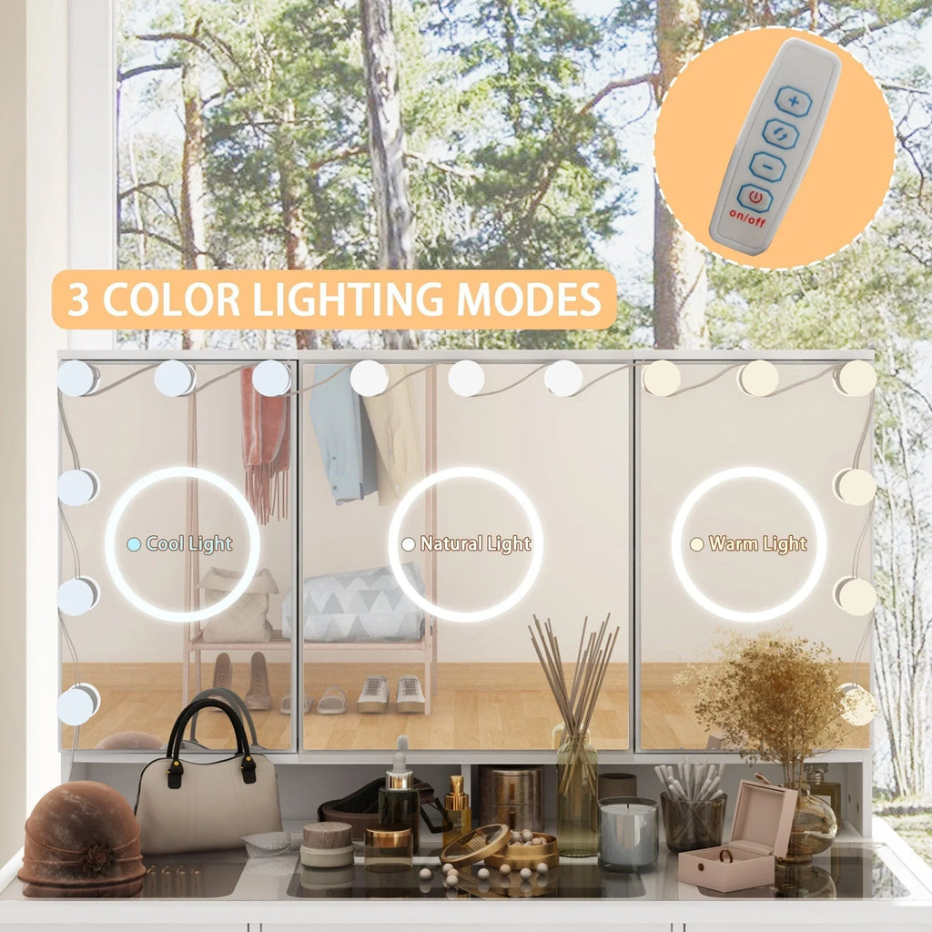 Makeup Vanity Dresser With Tri-Fold Mirror, Glass Top And 15 Bulbs - 40.2 x 53.6 x 19.7