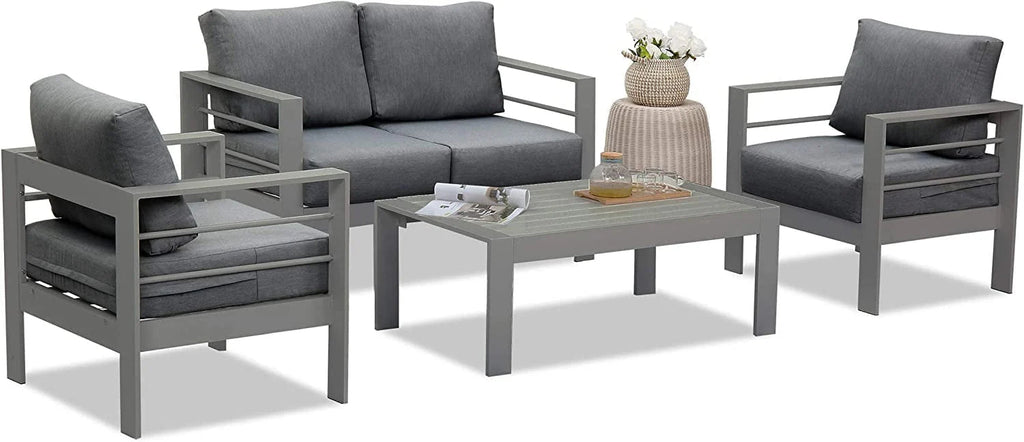 Superjoe Outdoor Patio Sofa 3 Seats Gray Aluminum With Dark Grey Cushions