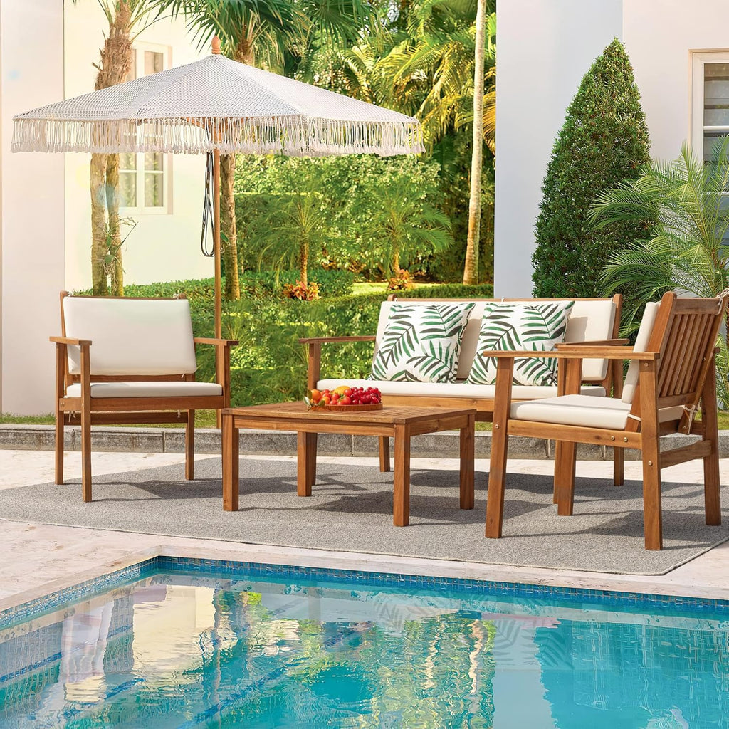 Flamaker 4-Piece Outdoor Acacia Wood Patio Conversation Sofa Set With Table And Cushions