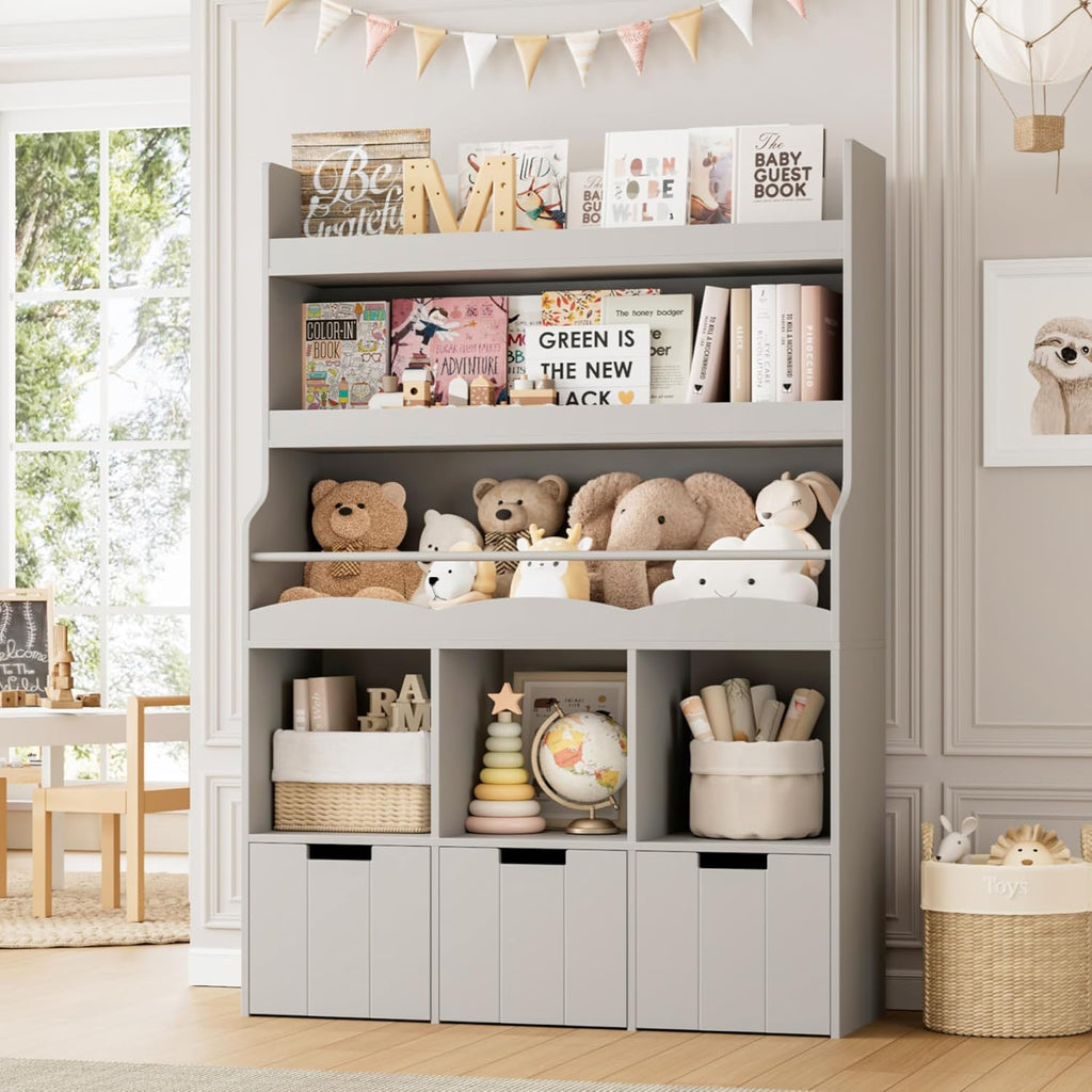 HITHOS Kids Bookshelf With Toy Storage Organizer, 55.3in H x 39.2in W, 3 Movable Storage Bins