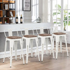 Andeworld Counter Height Industrial Metal Bar Stools With Wooden Seats, Set Of 4, 24 Inch, Distressed White