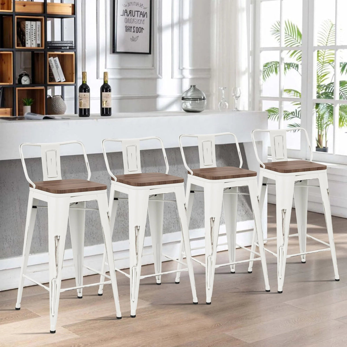 Andeworld Counter Height Industrial Metal Bar Stools With Wooden Seats, Set Of 4, 24 Inch, Distressed White