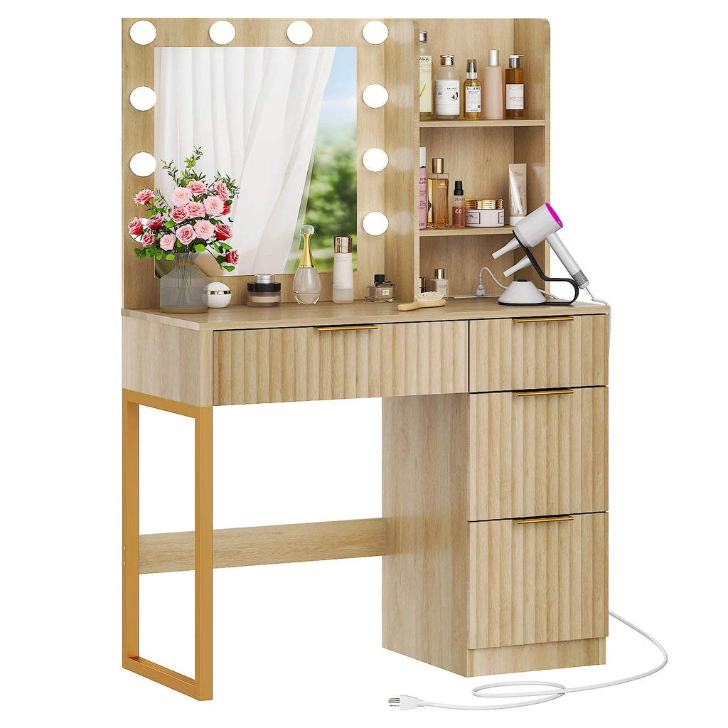 Ktaxon Vanity Makeup Table With Stool, 3-Color Lighted Mirror, 3 Shelves, Drawers, White - 35.43 x 15.55 x 29.53-53.27 in