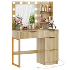 Ktaxon Vanity Makeup Table With Stool, 3-Color Lighted Mirror, 3 Shelves, Drawers, White - 35.43 x 15.55 x 29.53-53.27 in