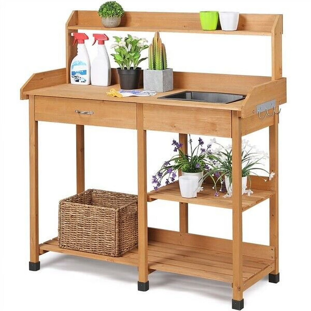 Veado Potting Bench With Sink, Drawer, Rack And Shelves, 45.2 x 17.7 x 47.6 in - Natural Wood