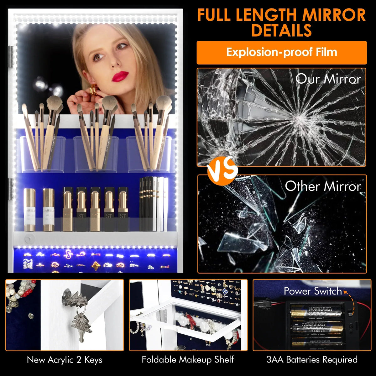 LVSOMT 360 Degree Rotating LED Jewelry Armoire With Full Length Mirror