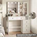 VEANERWOOD Makeup Vanity Desk With Lighted Mirror, Power Strip, 5 Drawers, White - 39.4in x 15.7in x 56.7in