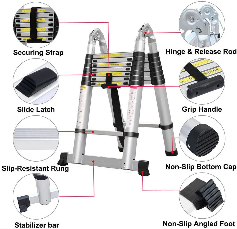 Bowoshen Telescopic Ladder 16.5 ft Aluminum 8 x 2 Steps 330 lb