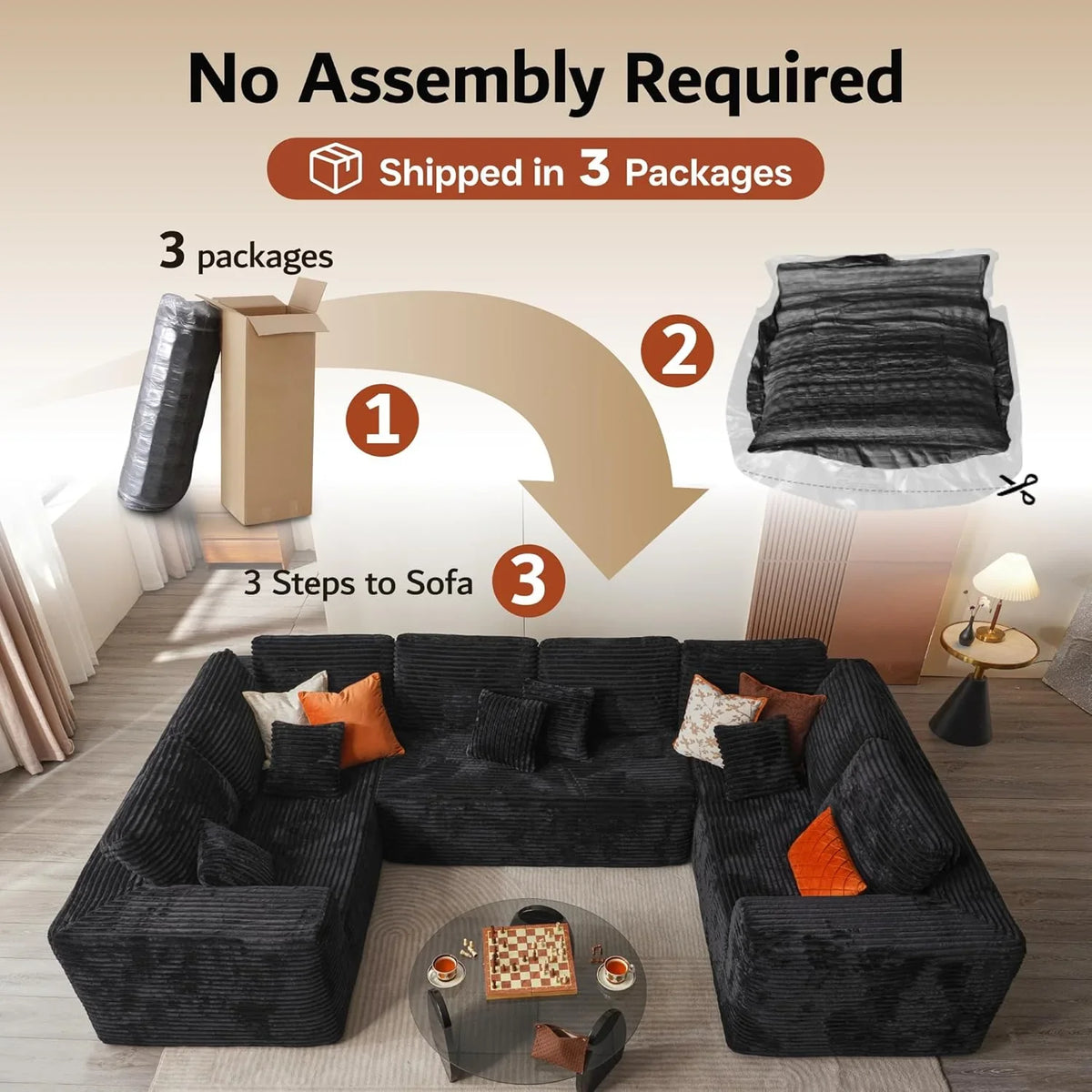 ovios 104in L-Shape Sectional Sofa With Chaise, Grey Plush Corduroy Fabric