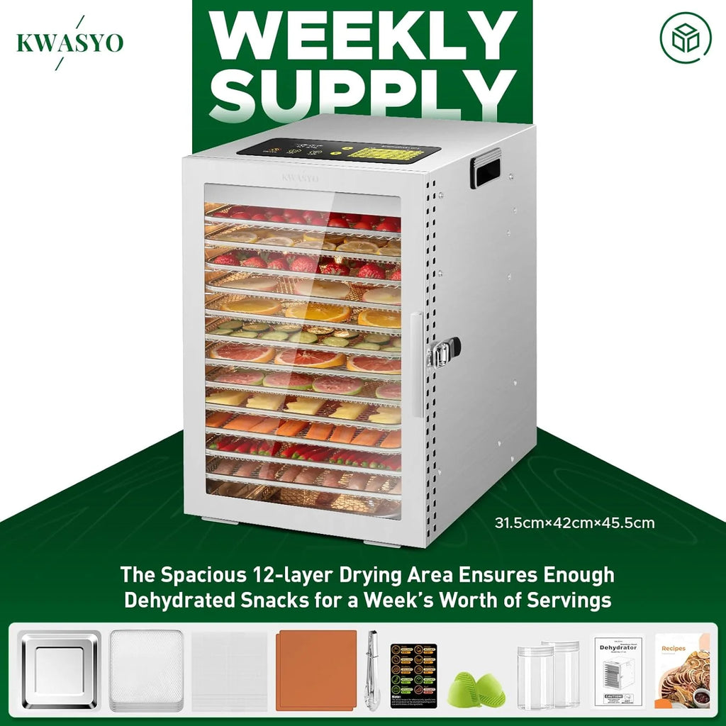 Food Dehydrator Machine, 12 Trays, Stainless Steel, 800W, 24H Timer, 30 C To 90 C