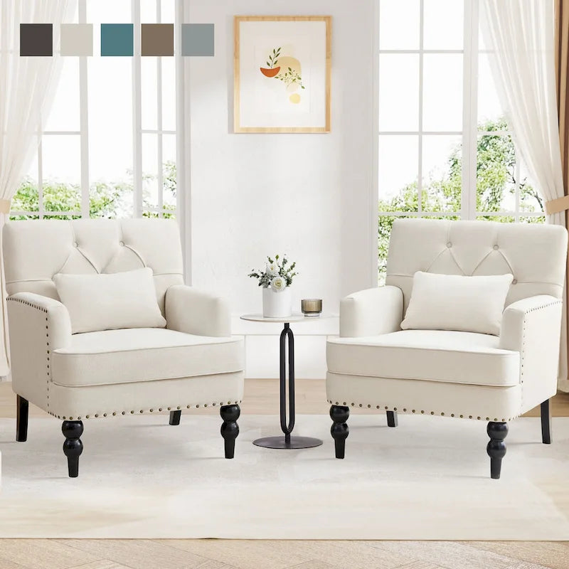 Set Of 2 Upholstered Button-Tufted Accent Chairs With Lumbar Pillows - 30 x 29 x 35 inches
