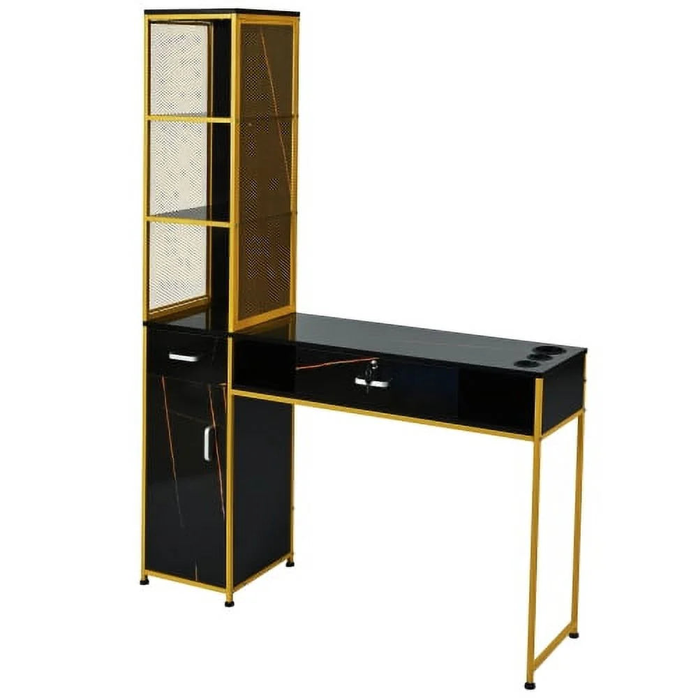 Barber Salon Station With Lockable Drawer, Left Shelf And Storage Cabinet - Black