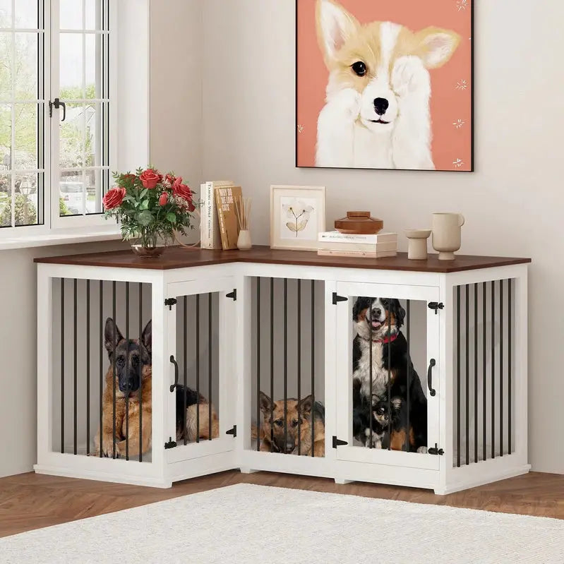 L-Shaped Corner Dog Crate Furniture For 2 Dogs, 58.7 x 41.1
