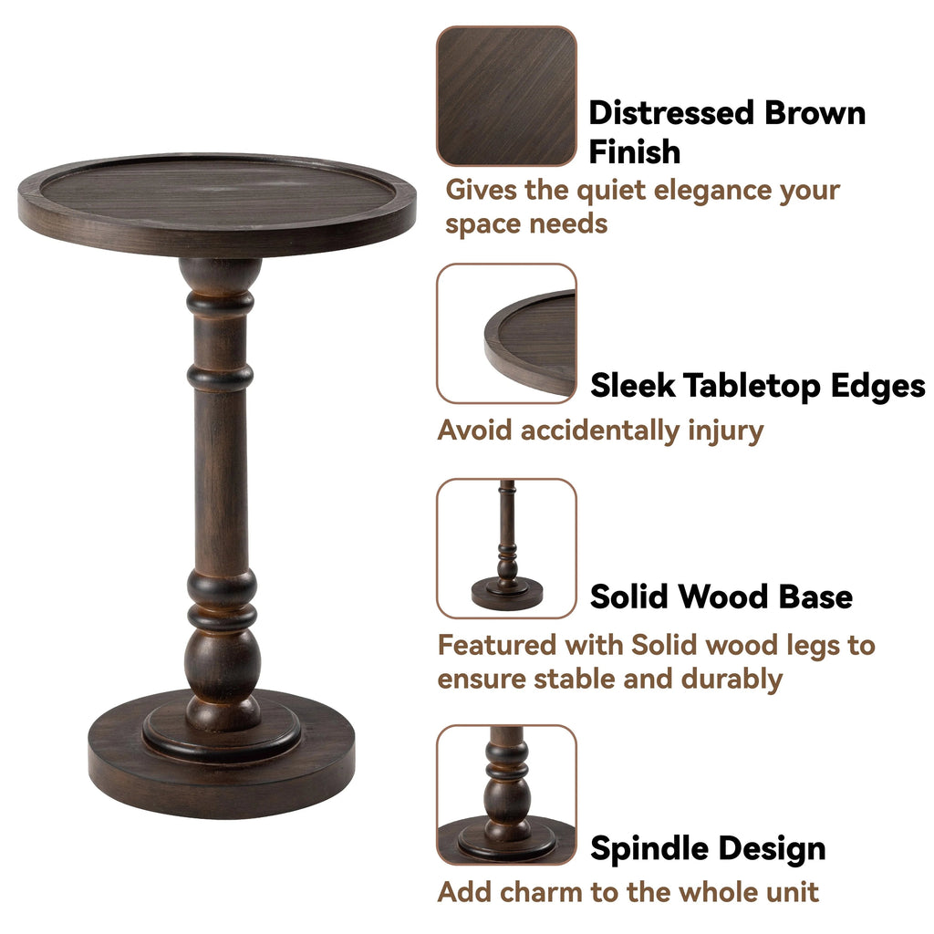 Pedestal End Table With Round Tray Top And Distressed Finish