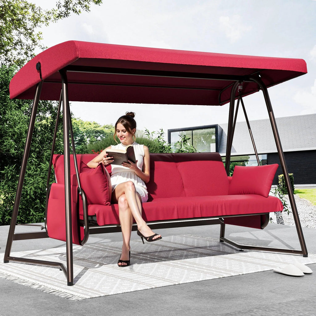 TQKVIPI 4 Person Outdoor Porch Swing Bed With Adjustable Backrest Canopy - 800 lbs Capacity