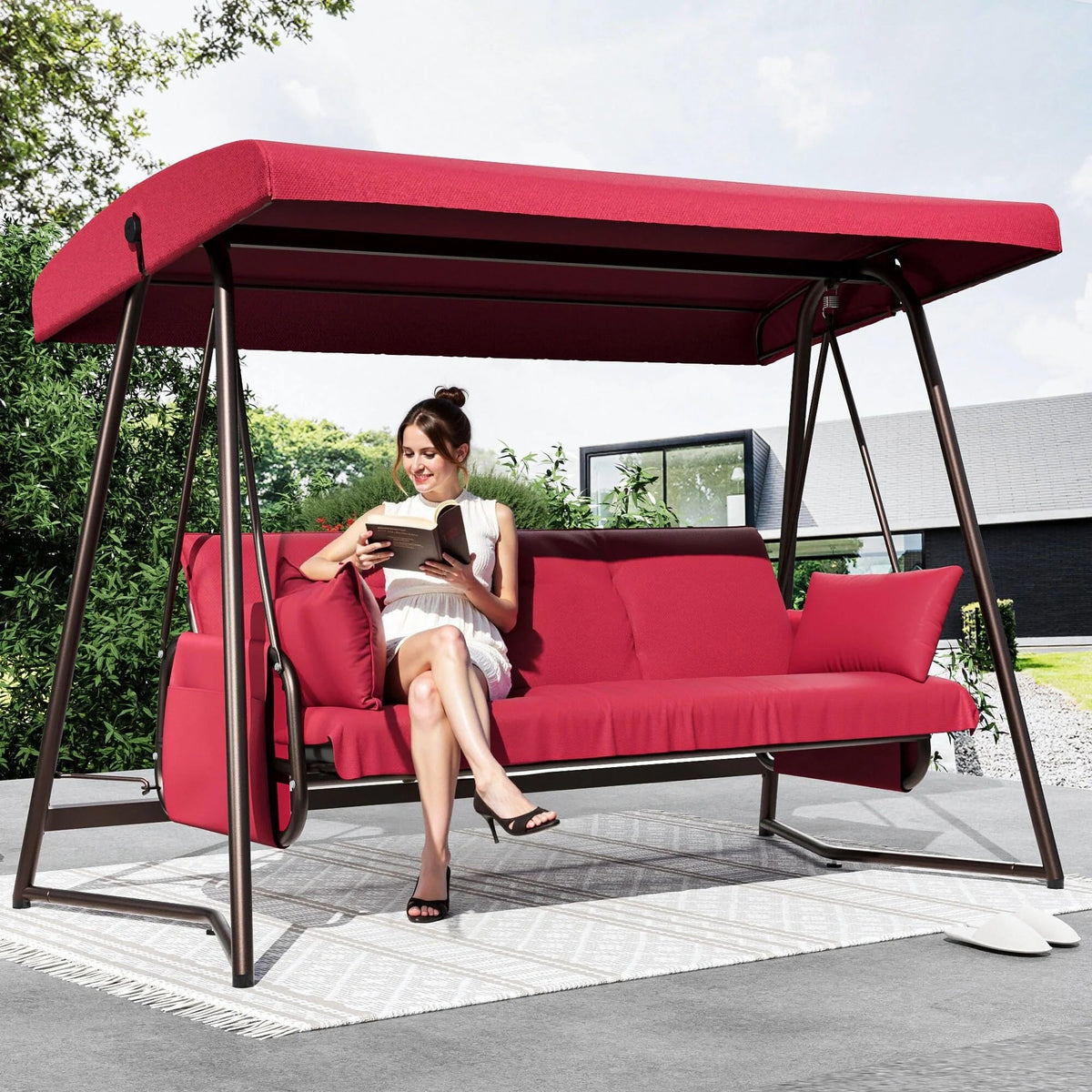 TQKVIPI 4 Person Outdoor Porch Swing Bed With Adjustable Backrest Canopy - 800 lbs Capacity