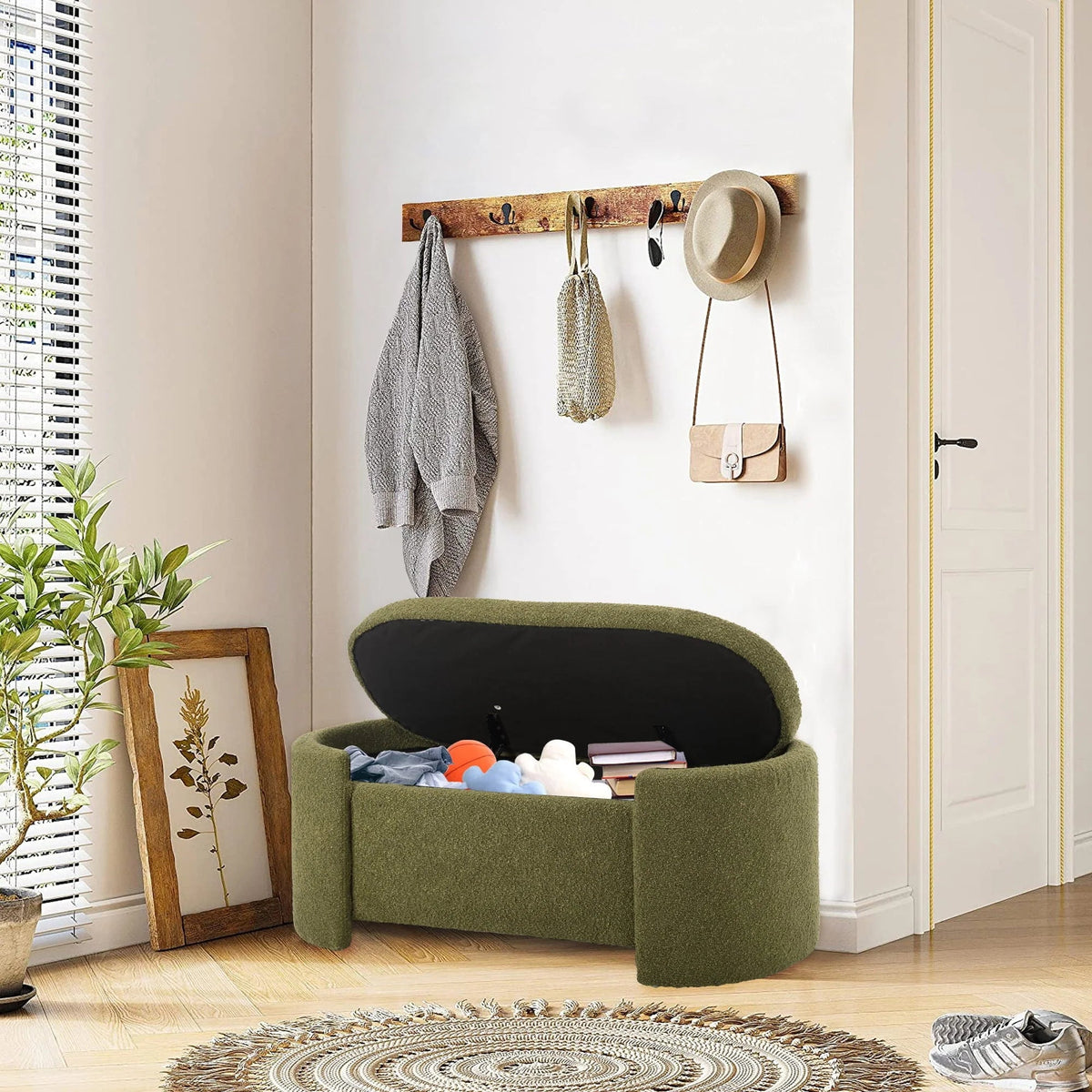 KINFFICT Velvet Upholstered Storage Ottoman Bench, 43.3 inch, Green