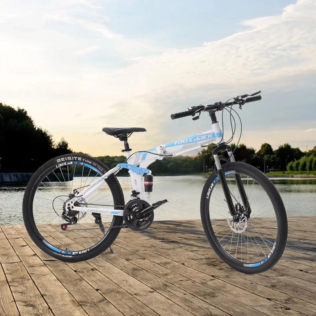 Outroad 26 inch 21 Speed Full Suspension Folding Mountain Bike, High-Carbon Steel, Double Disc Brakes - 120kg Capacity