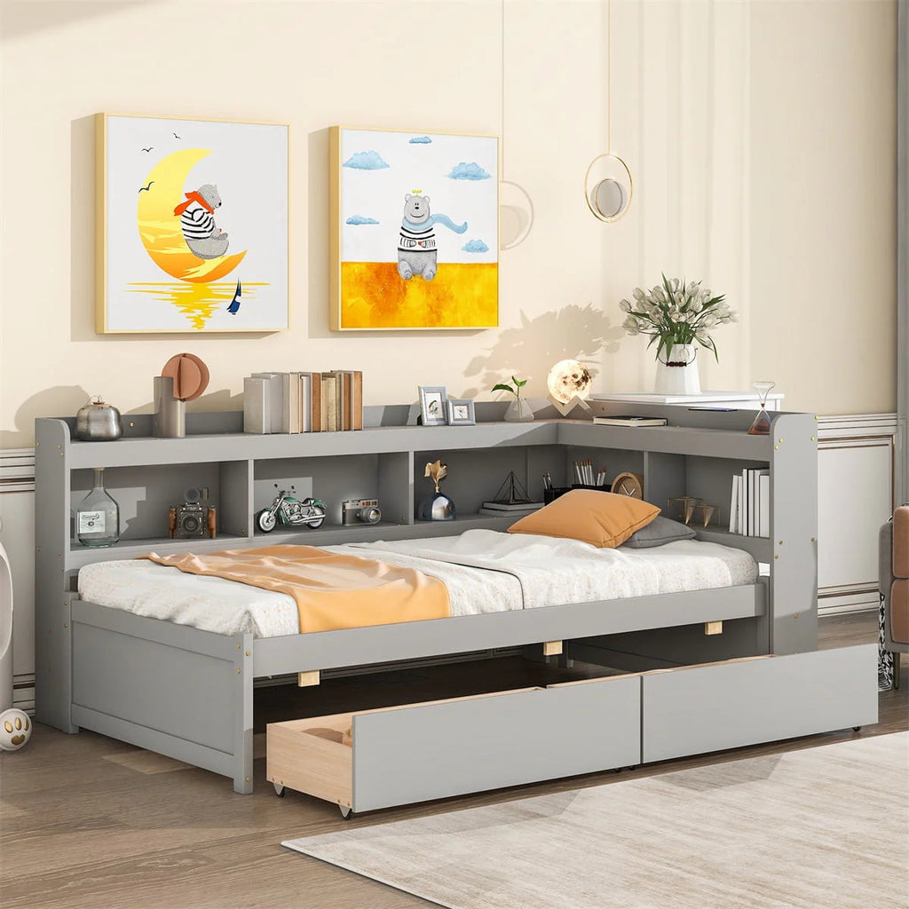 Twin Solid Wood Platform Daybed With L-Shaped Bookcases And 2 Drawers, Gray - 85.20 x 50.40 x 36.70 in