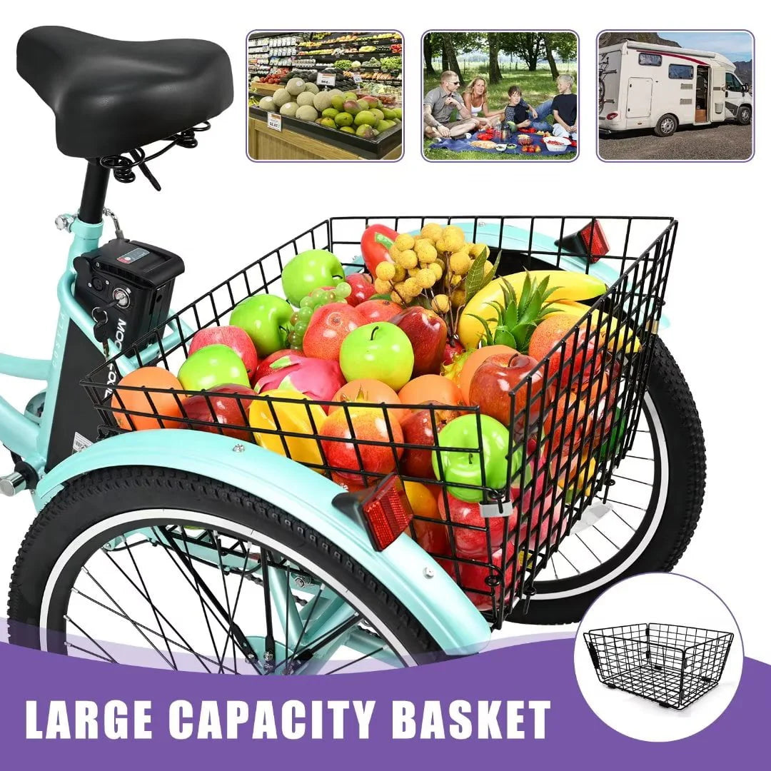 Docred 24in Electric Tricycle, 7 Speed 3 Wheel E-Bike With Large Basket, 350W 36V 10.4Ah - 15.5 MPH