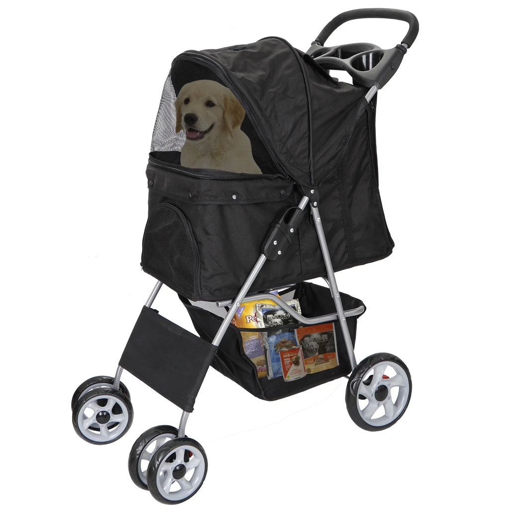 HomGarden 4 Wheel Foldable Pet Stroller Carrier Cart With Storage Basket And Cup Holder - Black