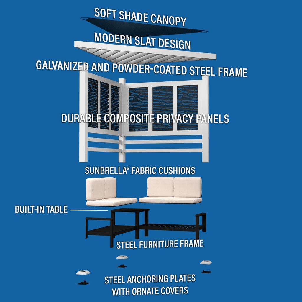 Backyard Discovery Galvanized Steel Corner Pergola With Seating, White, 12x8' - Ridgedale