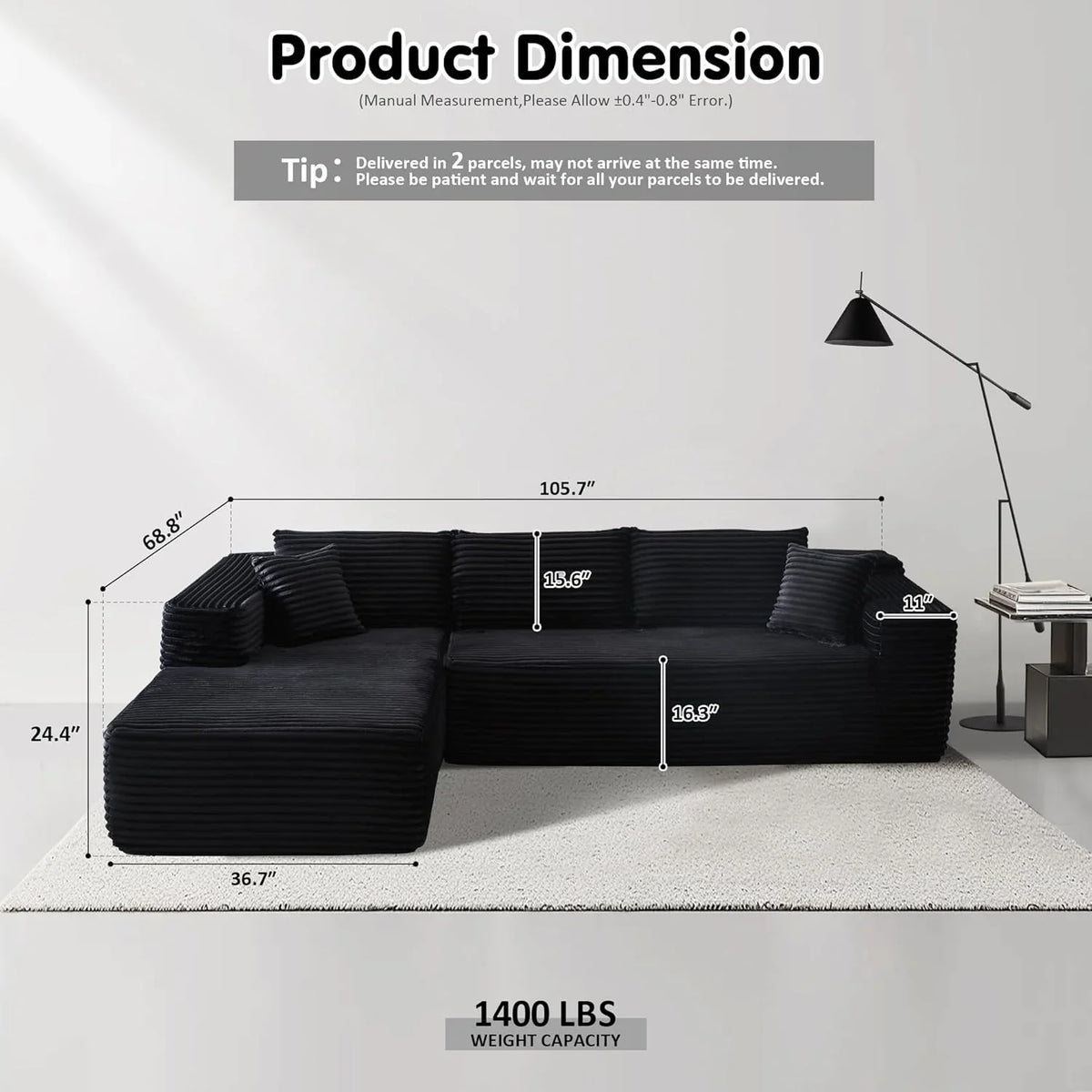 ovios 104in L-Shape Sectional Sofa With Chaise, Grey Plush Corduroy Fabric